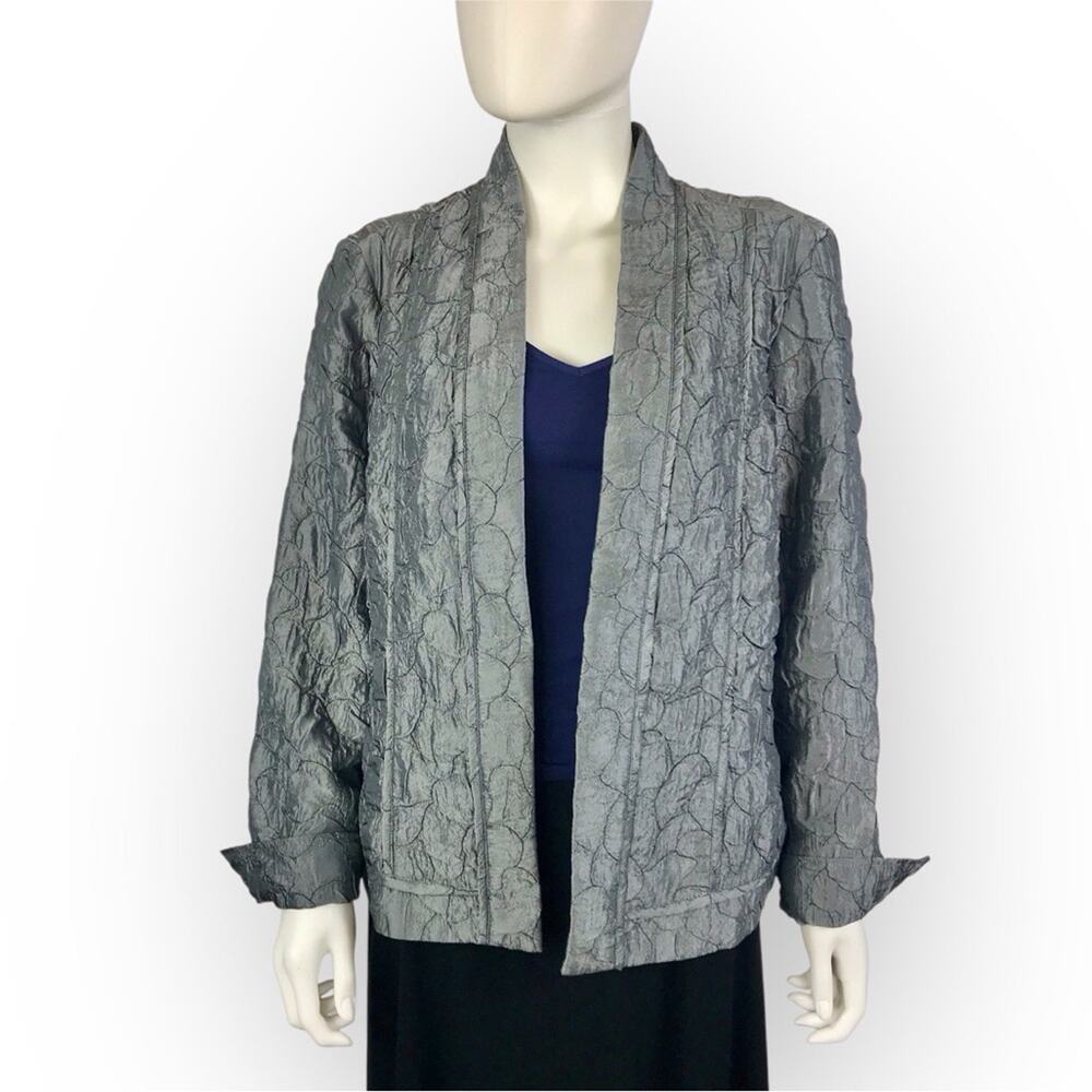 Chico's Grey Metallic Jacket Crinkle Open-Front Evening Wear Blazer